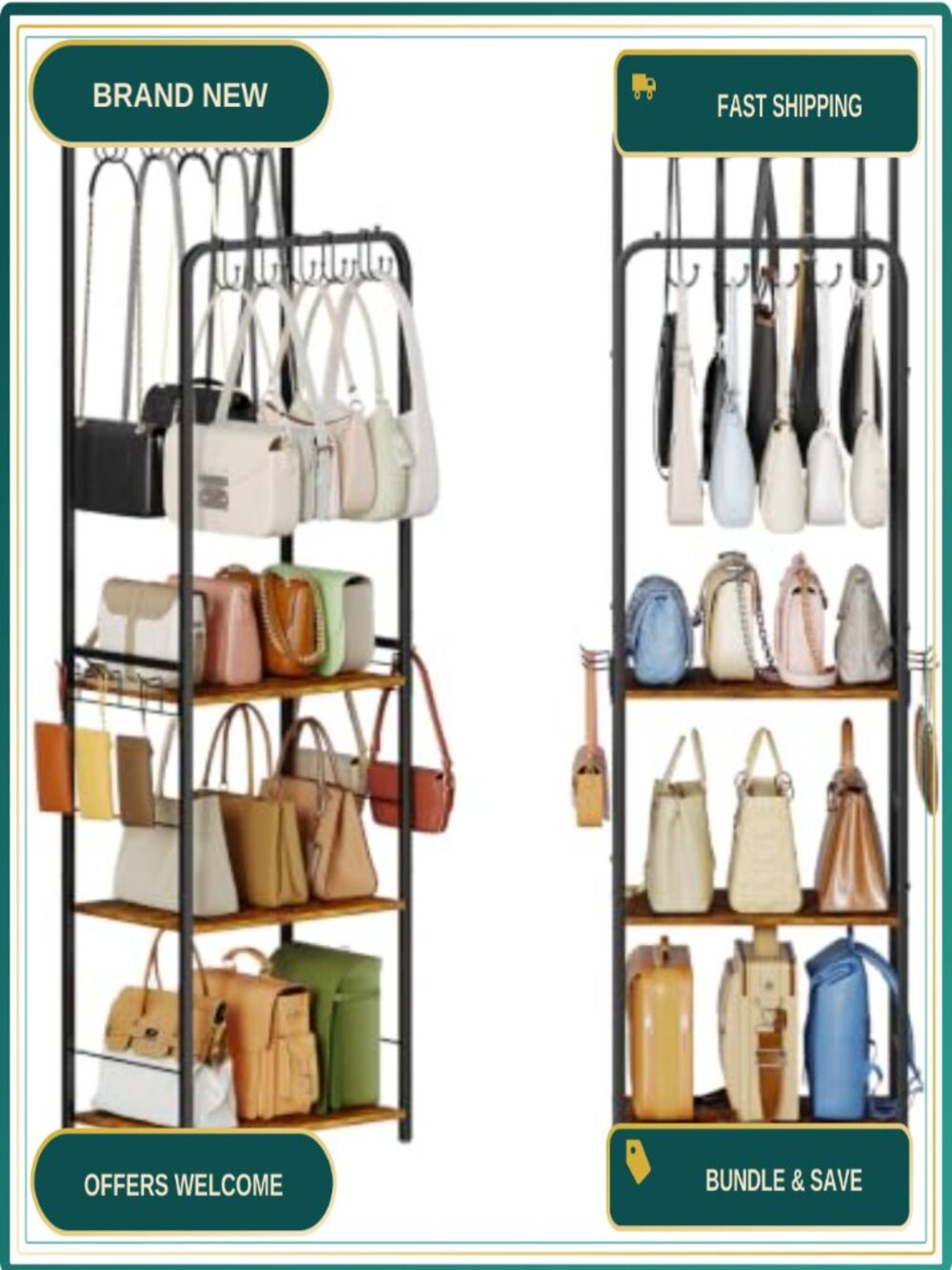 Tall Purse Organizer Closet Dual Rod Floor-Standing Display Stand Wood